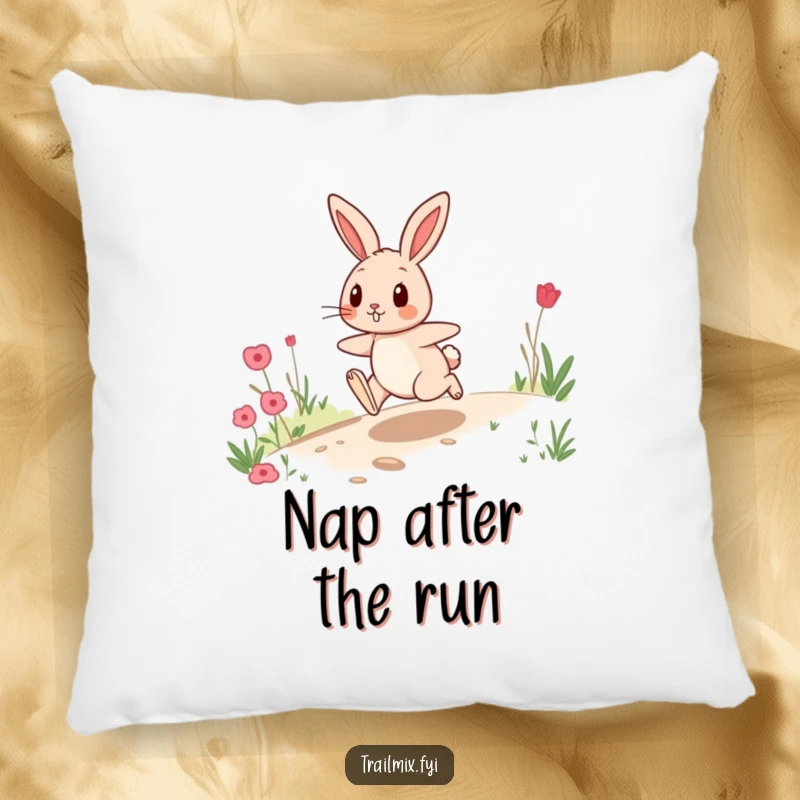 Funny pillow featuring a playful rabbit hopping with vigor on a trail, perfect for adding comfort and a touch of fun.