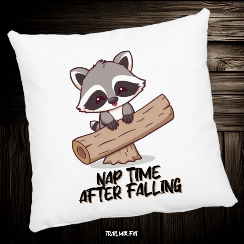 Funny pillow with a playful cartoon raccoon comically balancing on a log, offering comfort and comical relief.