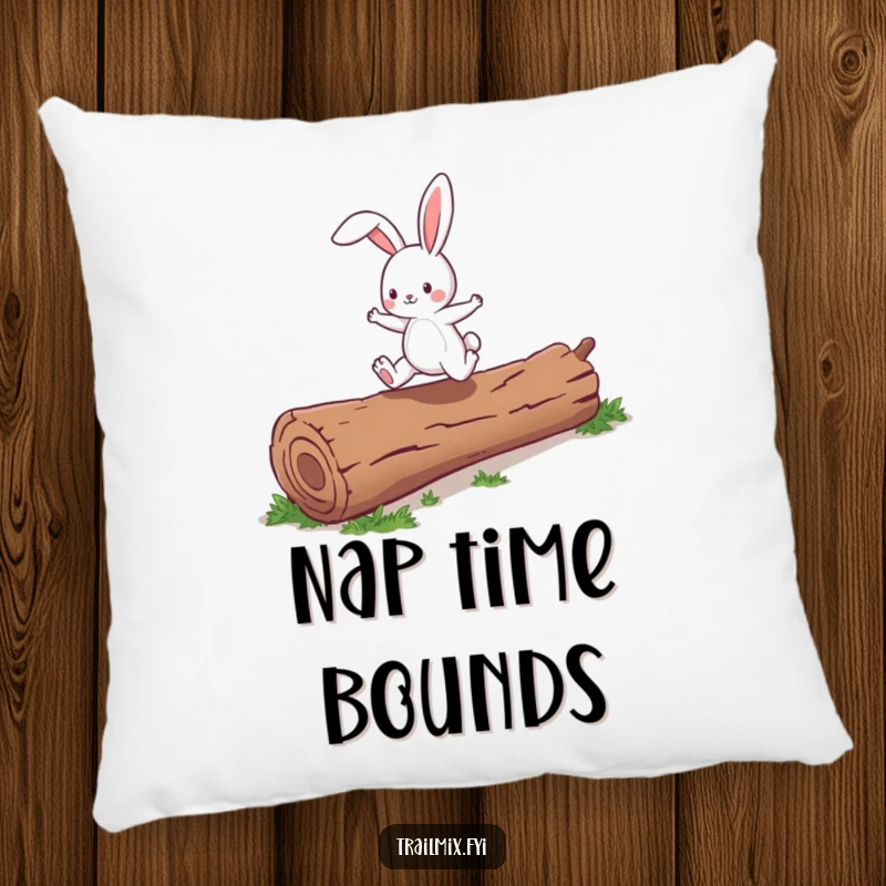 Funny energetic bunny character joyfully skipping over a fallen log, printed on a soft, decorative pillow.