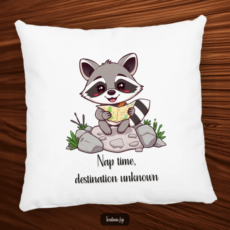 Funny happy raccoon with a map navigating a rocky path on a soft pillow, adding humorous adventure decor.