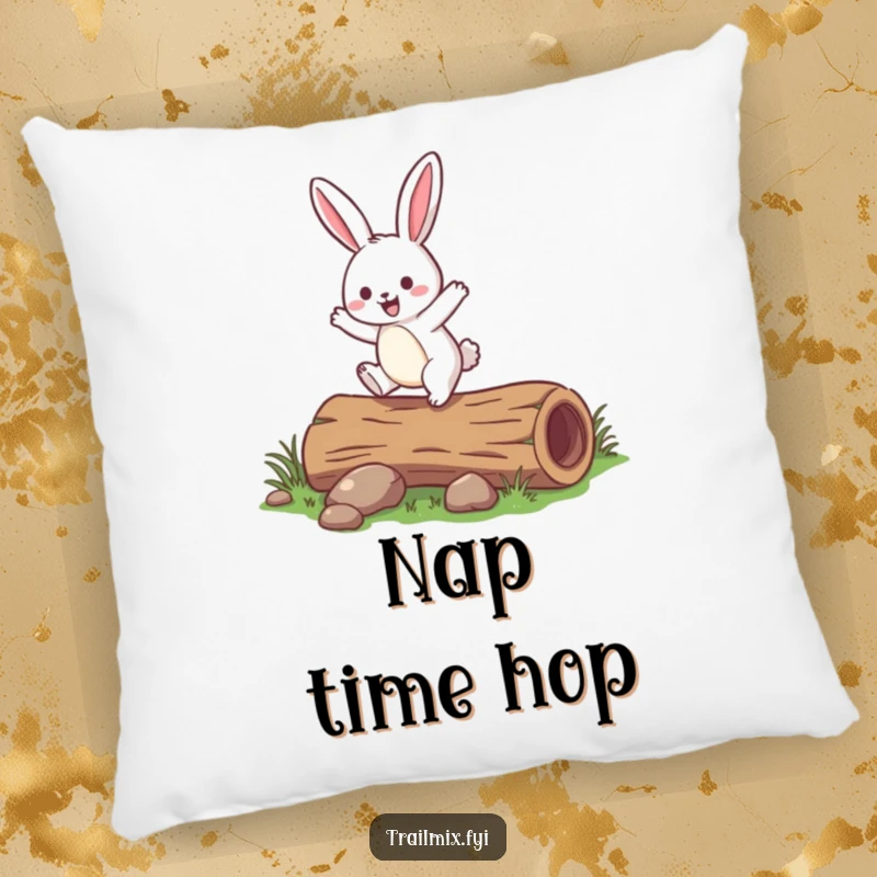 Funny rabbit pillow showing a jovial rabbit hopping over a small fallen log, offering soft comfort and woodland cheer.