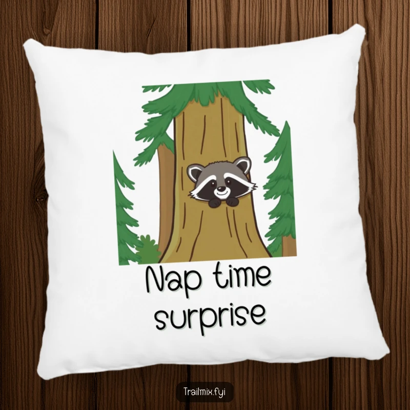 Funny pillow shows a happy raccoon peeking from a pine tree, providing cozy humor and adorable woodland charm.