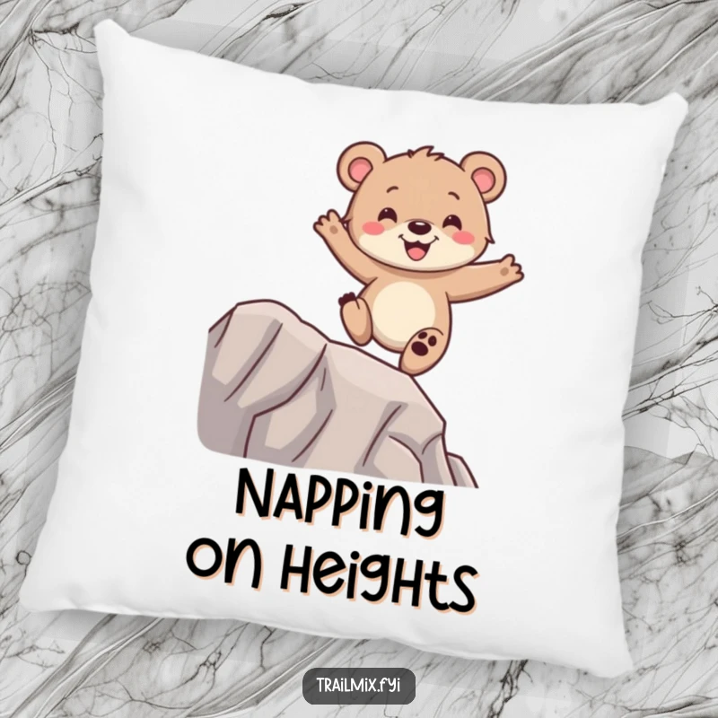 Funny bear cub pillow, balancing with glee on a ridge, soft and comfortable, adds humor to decor.