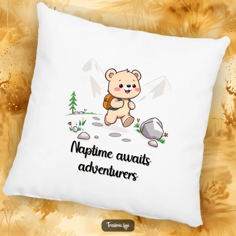 Funny Bear Cub Pillow: Soft pillow showing a happy bear cub with a backpack joyfully skipping along a mountain path, full of cheer.