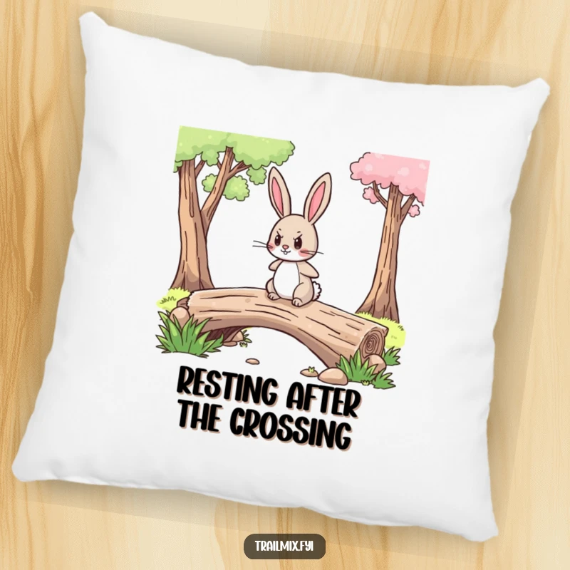 Funny pillow showcasing a brave rabbit with a determined expression confidently crossing a log bridge, offering comfort and inspiration.