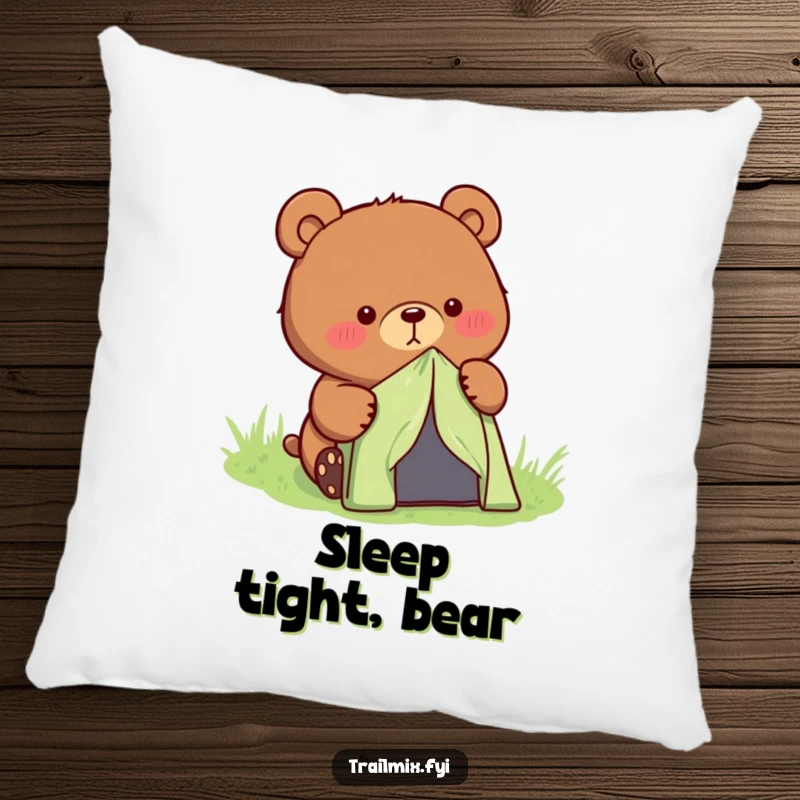 Funny determined bear character setting up a small tent, printed on a soft, decorative pillow.