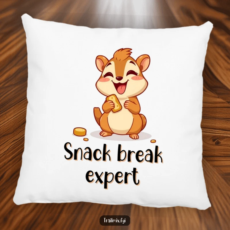 Funny pillow with a joyful chipmunk character happily munching on a trail snack, offering cozy cheer.