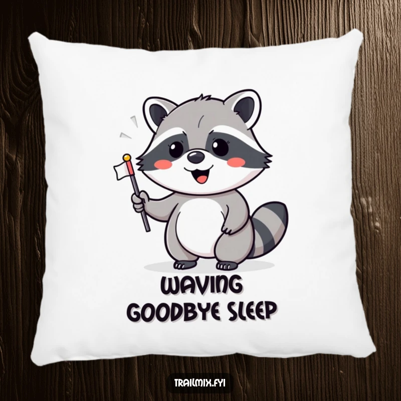 Funny pillow featuring a cheerful raccoon waving a flag, providing comfort and a splash of funny, celebratory decor.