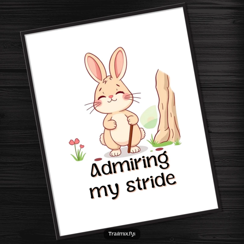 Funny digital art print: a smiling, tired rabbit with a walking stick pausing to admire a beautiful vista, capturing a moment of humorous peace.