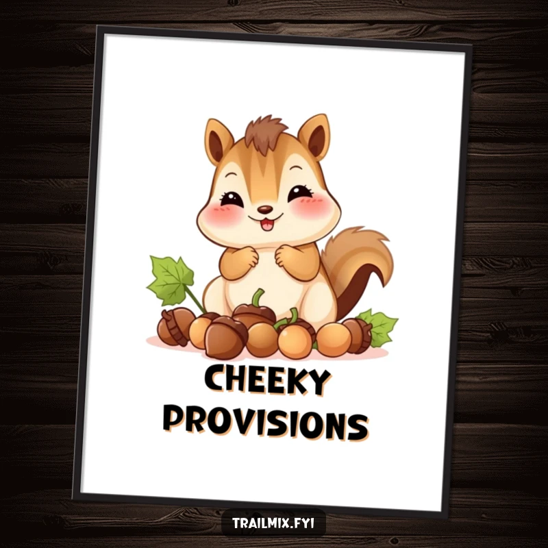 Funny digital art print features a smiling chipmunk with full cheeks gathering acorns, radiating industrious woodland charm.