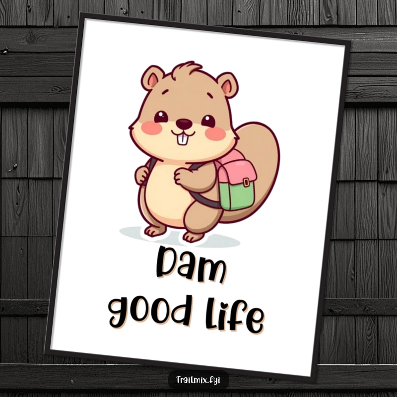 Funny digital art print of a beaver with a backpack, ready for adventure, adding whimsical woodland humor to any wall.