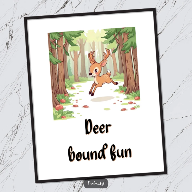 Funny deer digital art print, capturing energetic bounding through a forest clearing, perfect for instant wild and beautiful decor.