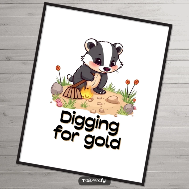 Funny digital art print shows an energetic badger digging with excitement, a humorous and motivational piece for instant download.