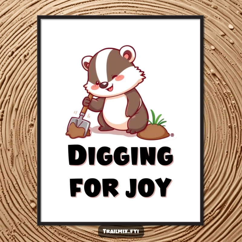 Funny digital art print of a badger digging energetically with a trowel, adding vibrant, humorous, and industrious charm.