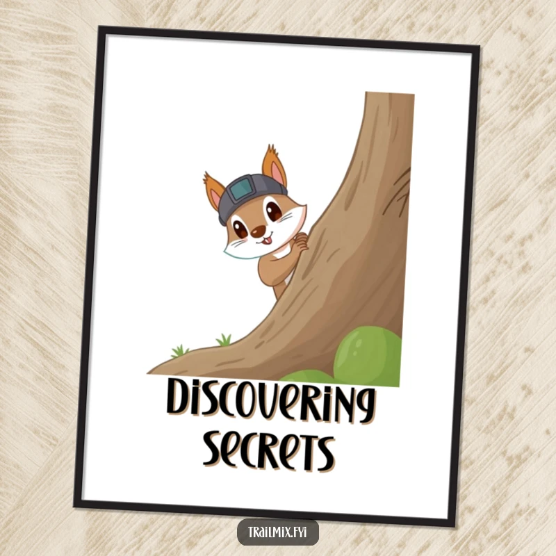 Funny Squirrel Digital Art Print: Curious squirrel wearing a headlamp, excitedly peeking around a large tree, evoking mystery and fun.
