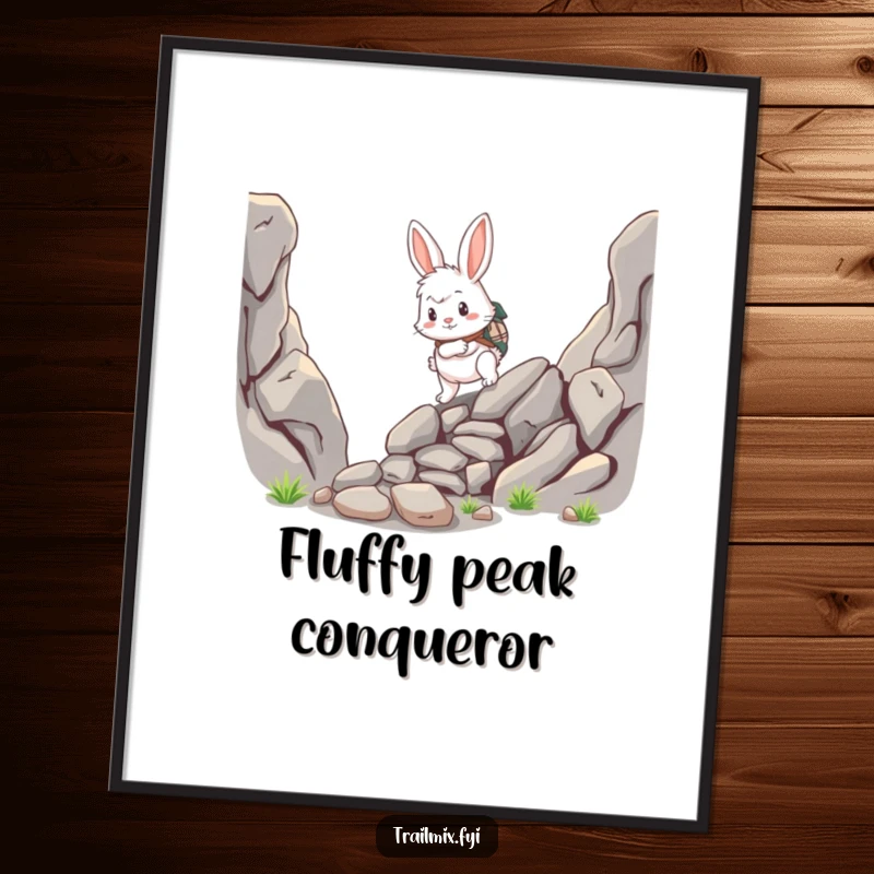Funny rabbit digital art print, fluffy adventurer scrambling up a rocky path, high-resolution, humorous wall decor.