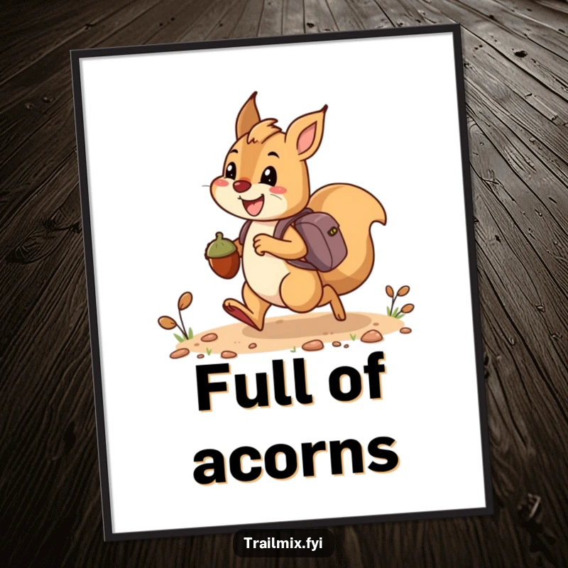 Funny digital art print of a happy squirrel bounding along a trail, carrying acorns like tiny backpacks, capturing pure delight.