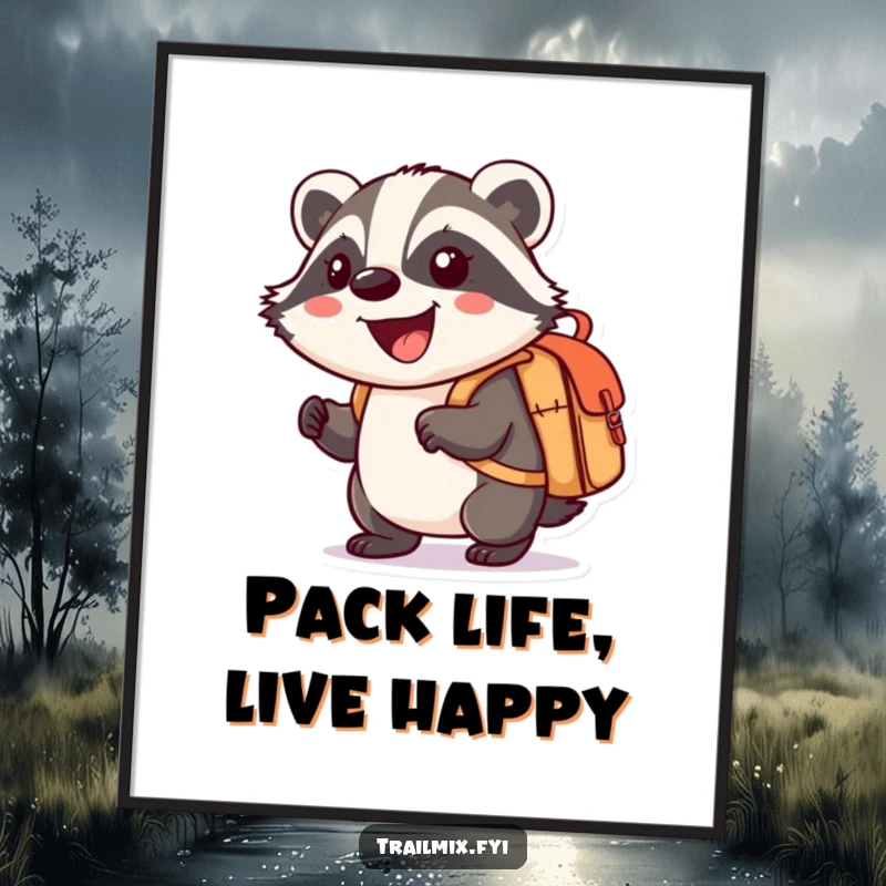 Funny digital art print of a smiling cartoon badger enthusiastically carrying a small knapsack, evoking adventure and joy.