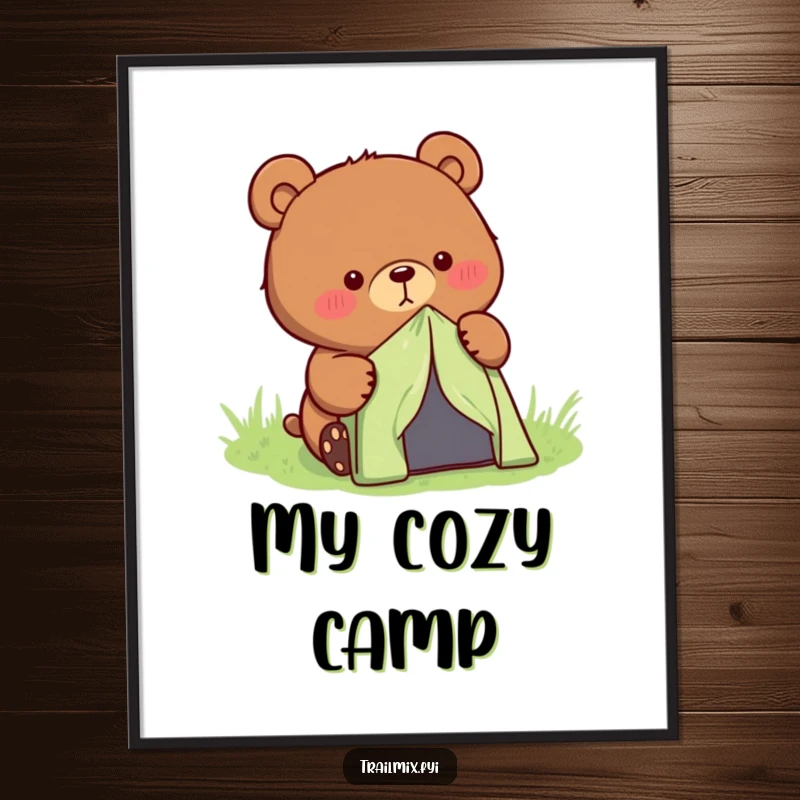 Funny determined bear character setting up a small tent, displayed as digital art.