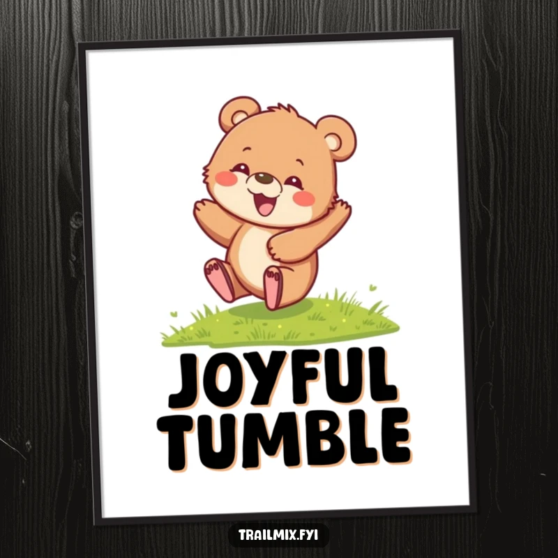 Funny Bear Cub Digital Art Print featuring a delighted cub rolling down a grassy hill, ready for instant download and joyful display.