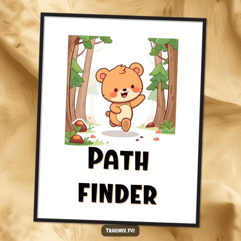 Funny bear cub digital art print of a delighted bear cub skipping joyfully along a forest path, radiating happiness.