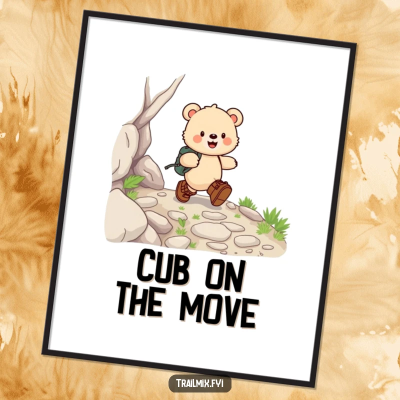 Funny bear cub digital art print, capturing a happy skip in hiking boots down a rocky path, perfect for instant outdoor cheer.