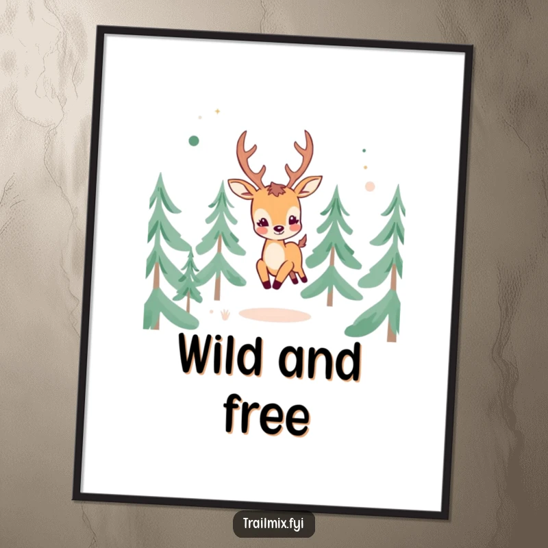 Funny Cheerful Deer Digital Art Print: A happy deer character joyfully frolicking through abstract pine trees.