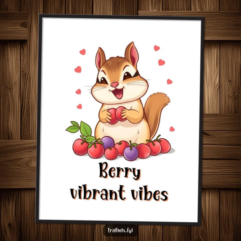Funny chipmunk digital art print, showcasing pure excitement and joy over a massive pile of ripe berries. High-resolution humorous artwork.