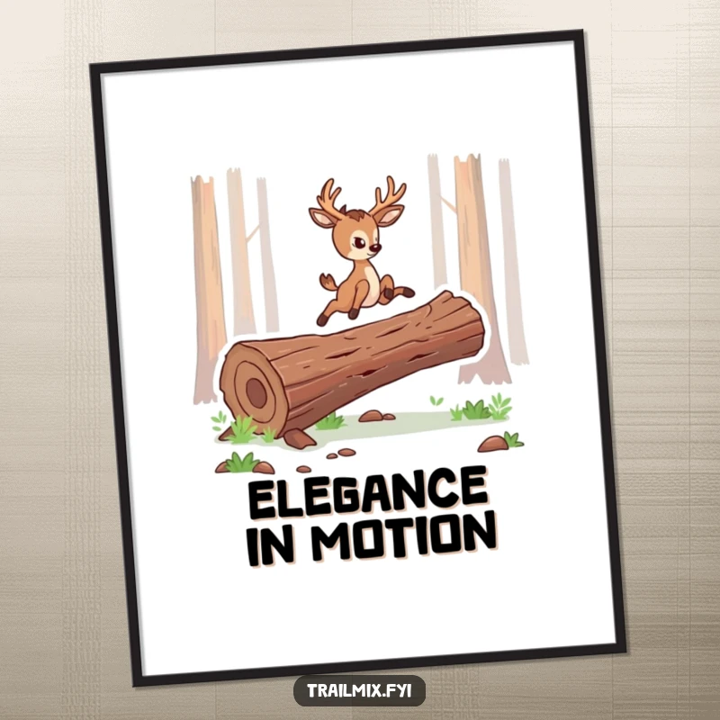 Funny digital art print of a determined deer character leaping gracefully over a fallen log, symbolizing freedom and natural elegance.