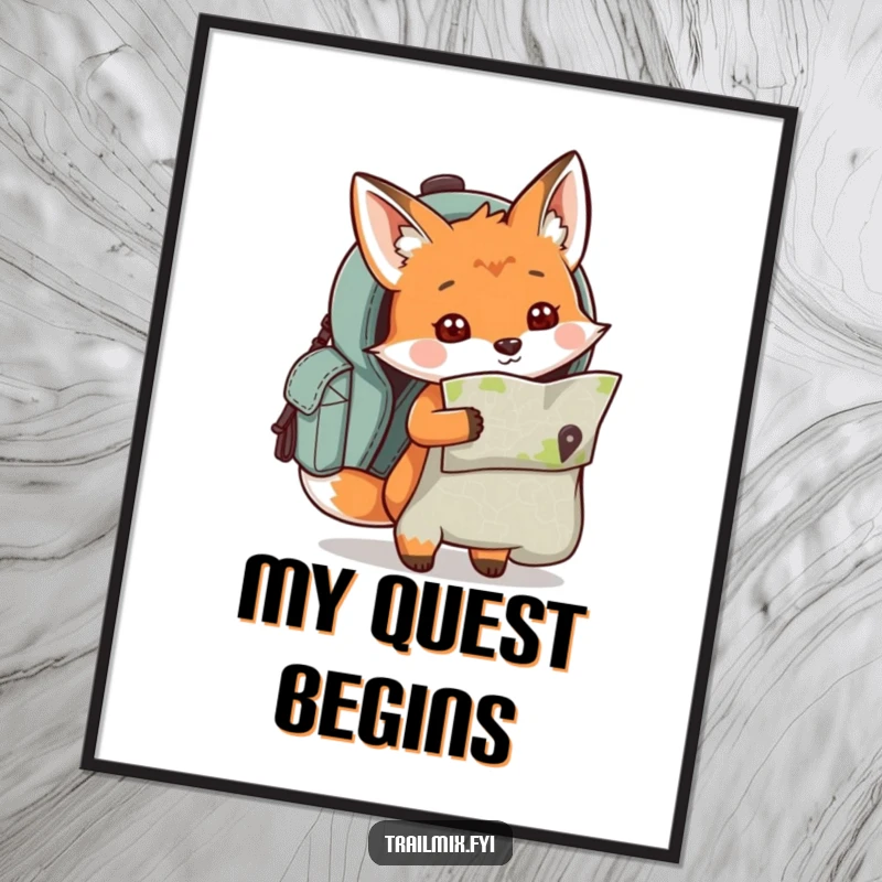 Funny curious fox character peeking out of a backpack with a map, displayed as digital art.