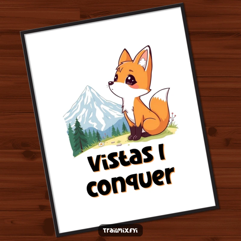 Funny digital art print depicting a curious fox character observing a grand mountain vista, symbolizing wonder and exploration.