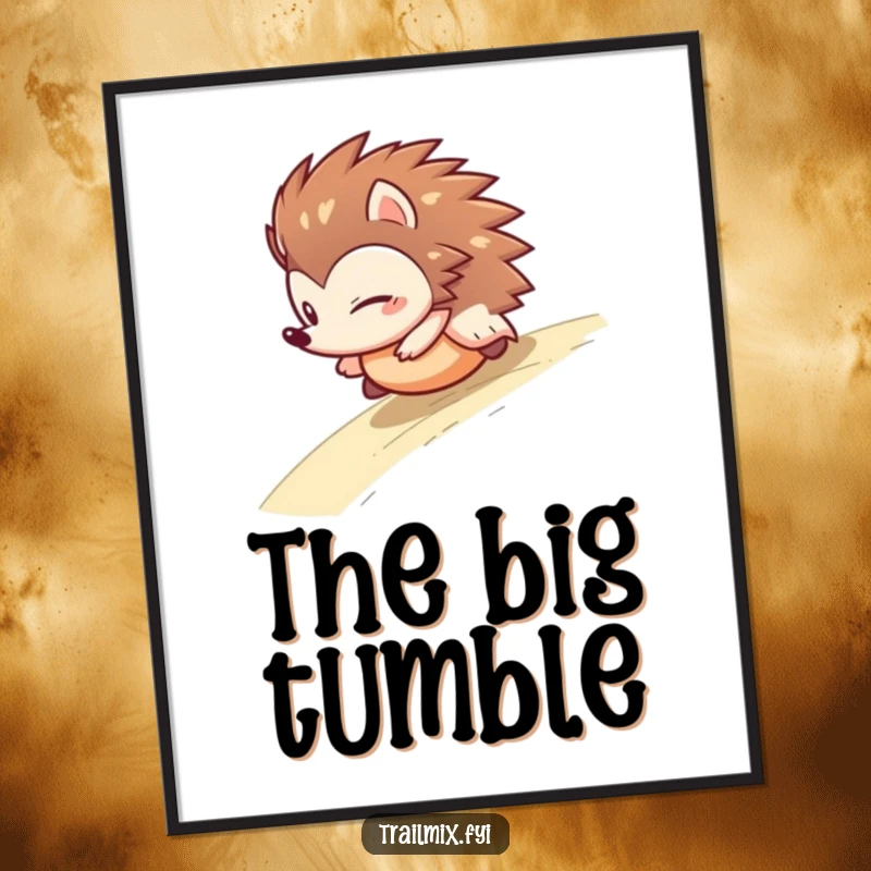 Funny hedgehog digital art print of a determined character rolling downhill like a ball, creating a humorous and dynamic visual for any wall.