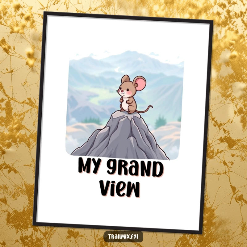 Funny Mouse Digital Art Print: A happy mouse surveys a vast landscape from a mountain peak, suitable for printable wall decor.