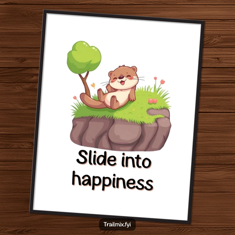 Funny digital art print of a gleeful otter sliding down a grassy slope, adding vibrant and humorous playful energy.