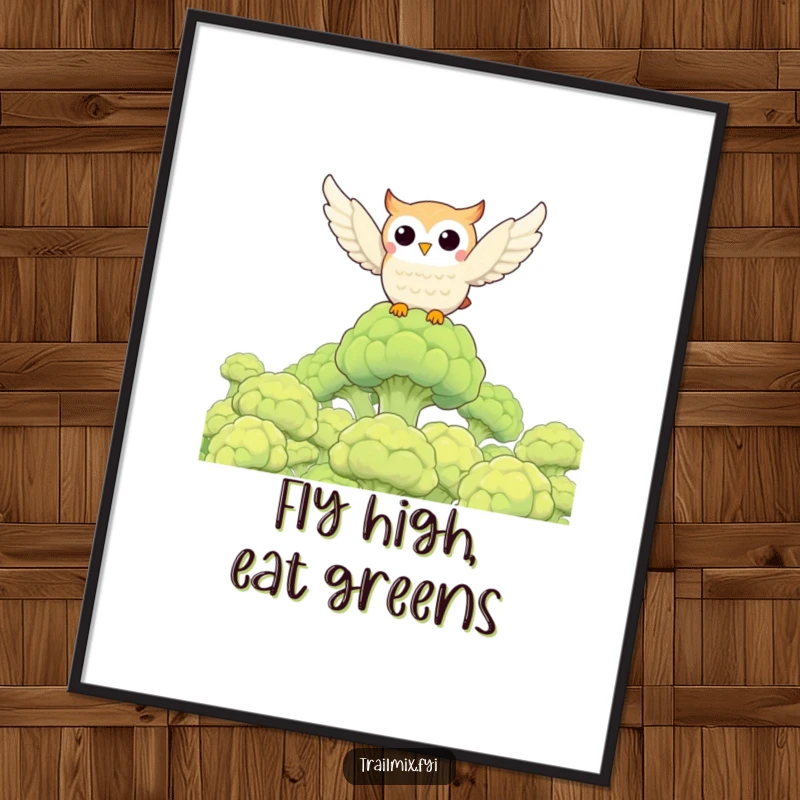 Funny owl character flying over a broccoli forest, high-resolution digital art print, instant humorous wall decor.