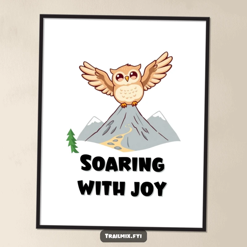 Funny Owl Digital Art: A joyful owl is soaring high above a mountain trail, offering instant uplifting wall decor.