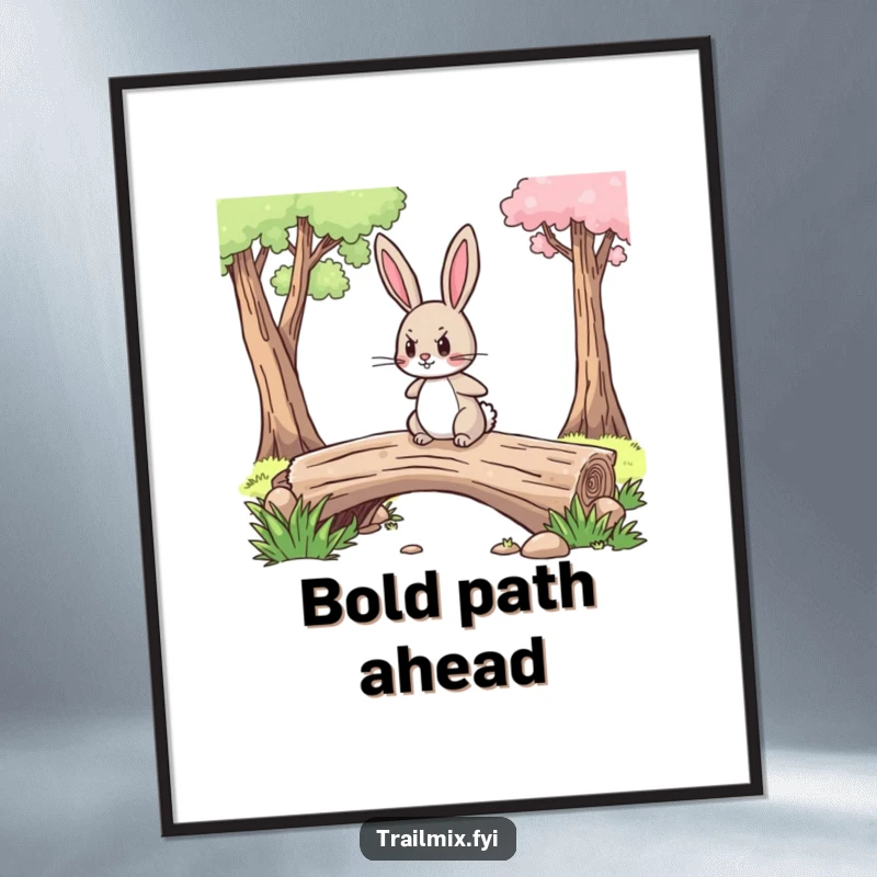 Funny digital art print of a brave little rabbit with a determined expression confidently crossing a log bridge, symbolizing inner strength.