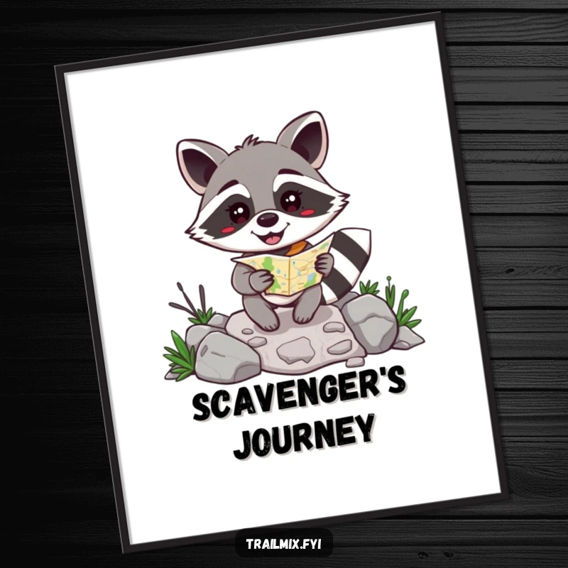Funny happy raccoon with a map navigating a rocky path, digital art print for humorous wall decor.
