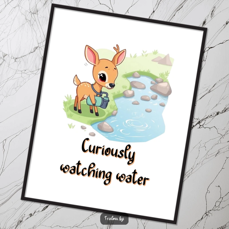 Funny digital art print of a shy deer with a canteen curiously observing a bubbling stream, bringing peaceful and humorous decor.