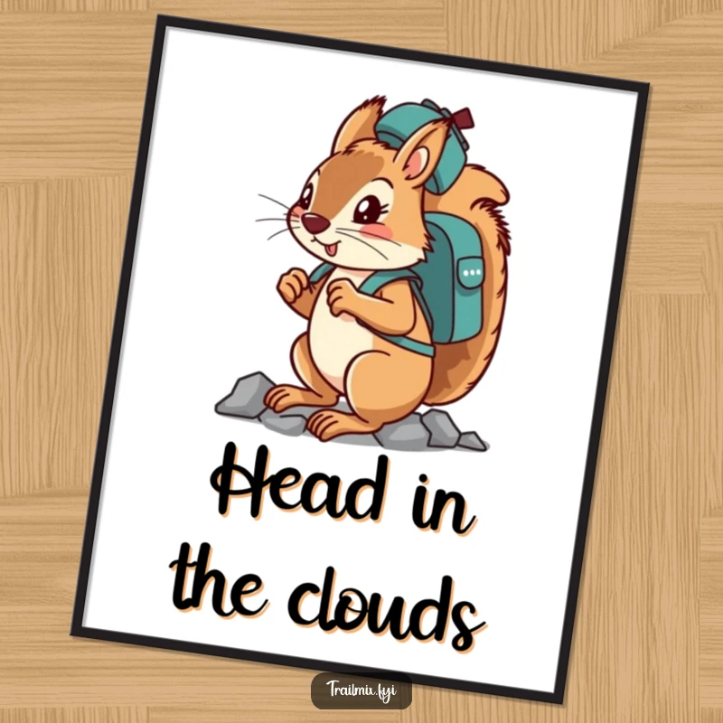 Funny determined squirrel character balancing a backpack on its head while climbing, presented as digital art.