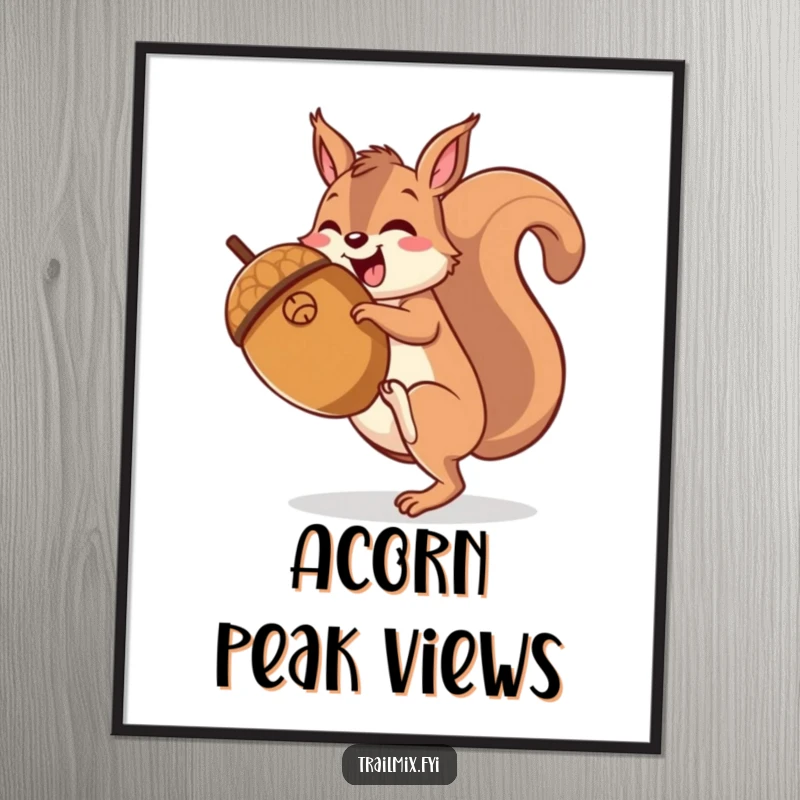 Funny happy squirrel character gleefully hiking up a giant acorn, displayed as digital art.