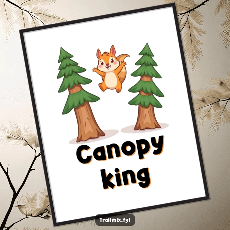 Funny squirrel digital art print of a happy squirrel mid-leap between two tall pine trees, capturing dynamic woodland energy.