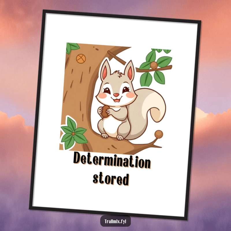 Funny digital art print depicting a determined squirrel character storing nuts in a tree, symbolizing focus and resourcefulness.