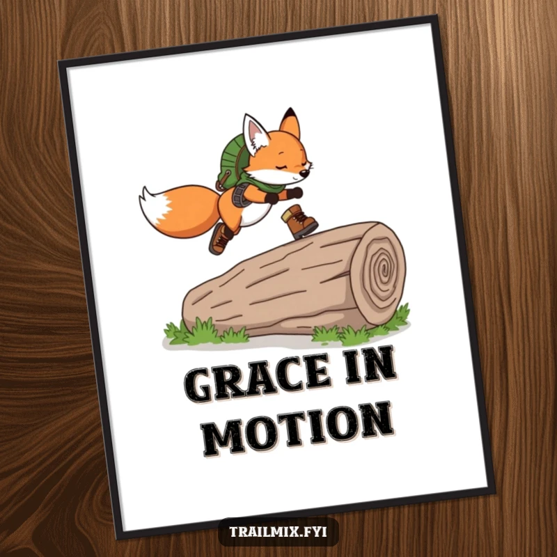 Funny Fox Digital Art Print: Playful fox wearing hiking boots, gracefully leaping over a fallen log, evoking agility and fun.