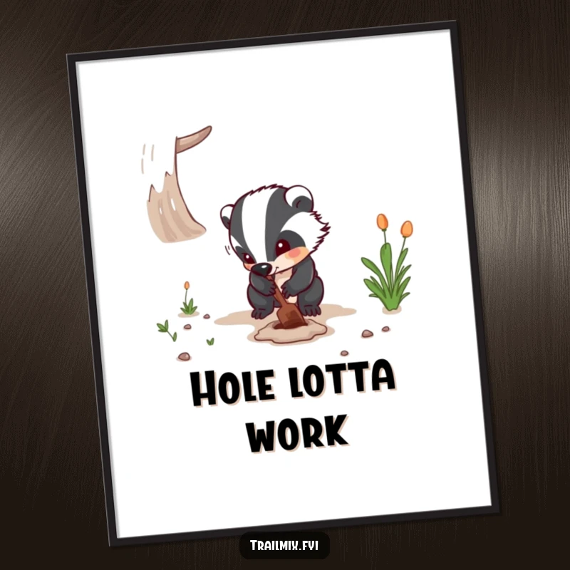 Funny digital art print of a determined badger digging a hole on a path, perfect for printing as humorous wall decor and a funny gift.