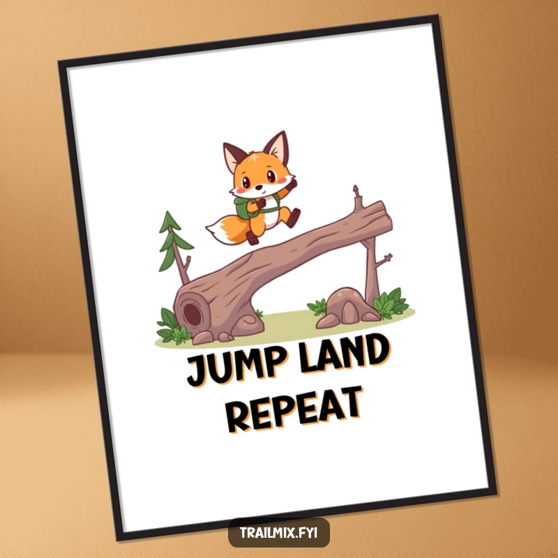 Funny fox hiker digital art print, brave leap over log, dynamic and energetic, printable wall decor.