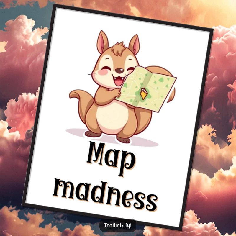 Funny squirrel digital art print, capturing a cheerful squirrel holding a tiny map aloft, perfect for instant adventurous decor.
