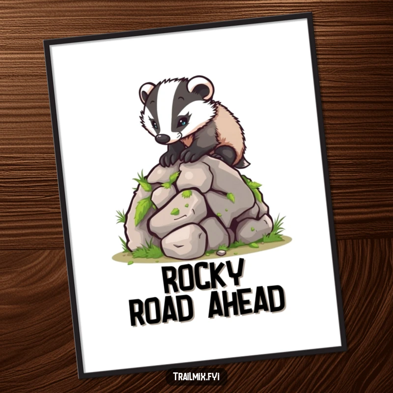 Funny digital art print captures a tenacious badger scaling a small mossy boulder, radiating humorous perseverance and adventure.