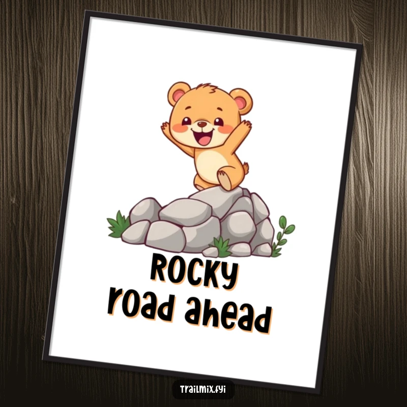 Funny bear cub digital art print of a cheerful character enthusiastically climbing a rocky trail, capturing the essence of adventure.