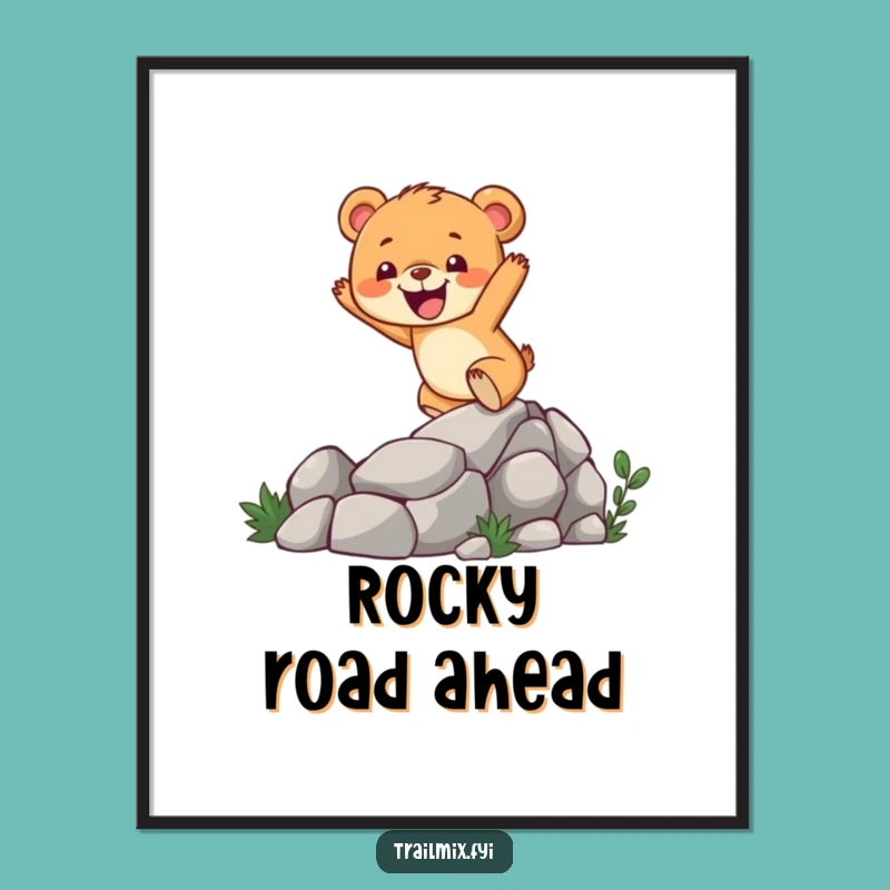 Funny Bear Cub Climbing Art: Cheerful Trail Adventure Digital Print